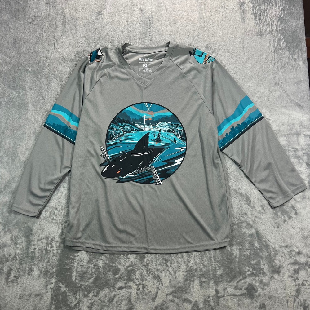 San Jose Sharks Jersey Adult Medium Gray Long Sleeve Open Water Graphic Hockey